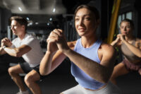 Homem e mulheres fazendo agachamento durante treino HIIT
