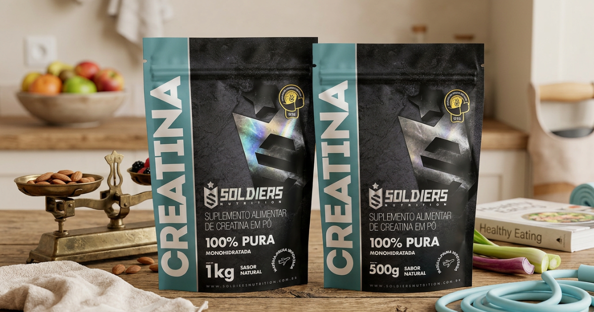 Creatina Soldiers Nutrition refil 1kg e 500g posicionados em cozinha com alimentos saudáveis e contexto de rotina alimentar