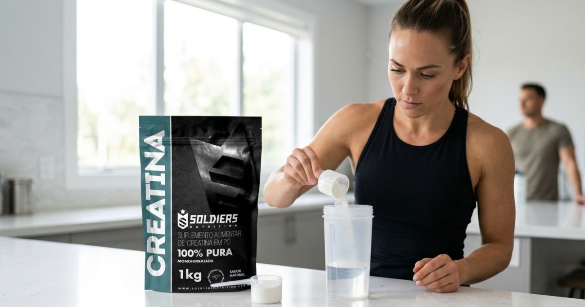 Pessoa preparando creatina Soldiers em shaker para consumo