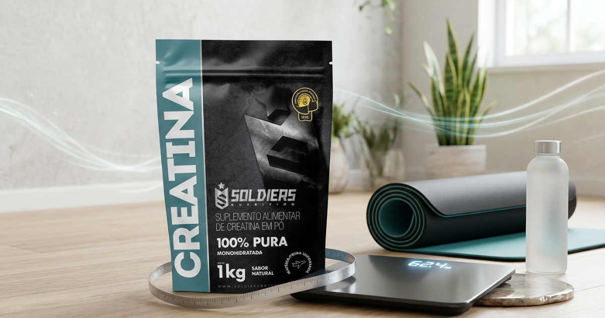 Creatina Soldiers Nutrition refil 1kg posicionada em ambiente fitness com balança, tapete de treino e contexto de bem-estar