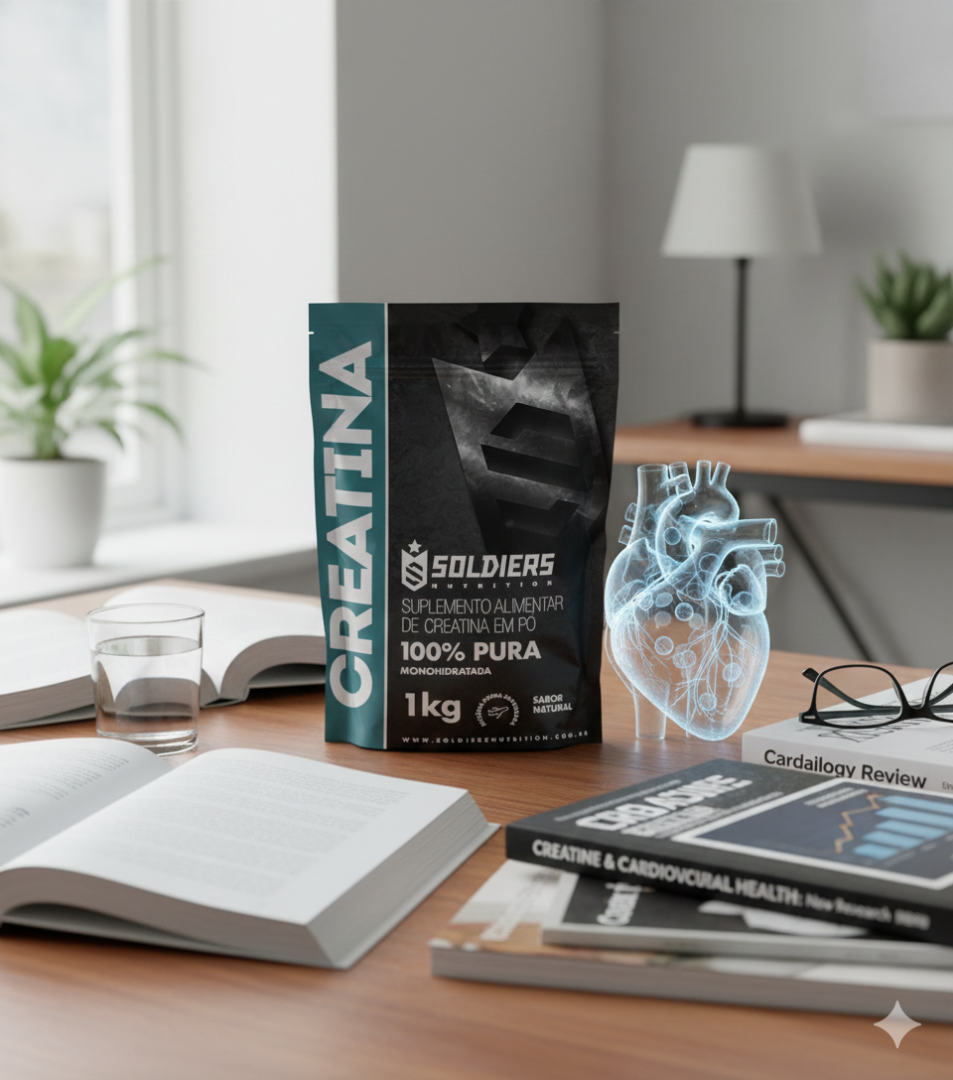 Creatina Soldiers ao lado de livros e representação de coração em ambiente de estudo