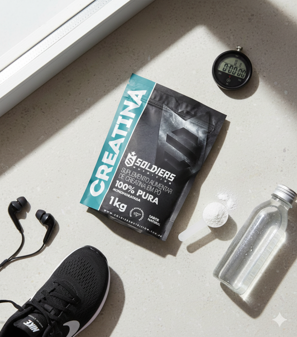 Creatina Soldiers 1kg ao lado de acessórios de treino como tênis, fone e garrafa
