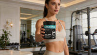 Mulher em ambiente de academia segurando Creatina Soldiers Nutrition 300g em destaque