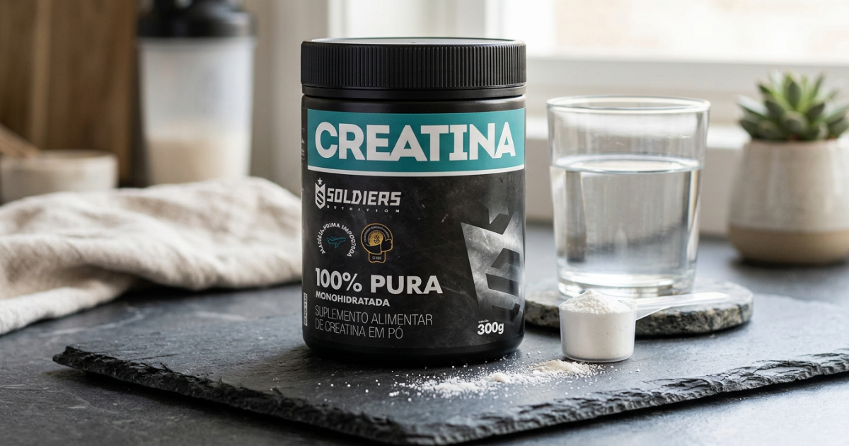 Creatina Soldiers Nutrition 300g posicionada sobre bancada com scoop e copo de água em ambiente clean
