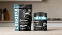 Creatina Soldiers Nutrition refil 1kg e pote 300g posicionados em bancada de cozinha em ambiente clean