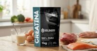 Creatina Soldiers 100% pura em embalagem de 1 kg ao lado de ovos, carne e salmão sobre mesa de cozinha
