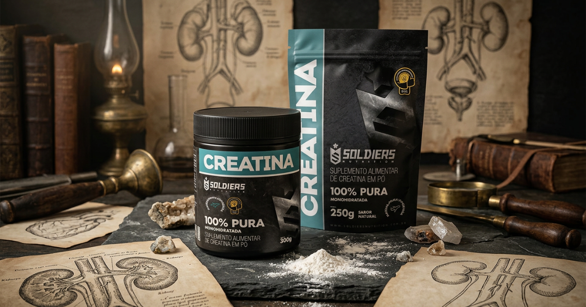 Creatina Soldiers Nutrition 300g e refil 250g posicionados em cenário conceitual com ilustrações anatômicas de rins ao fundo