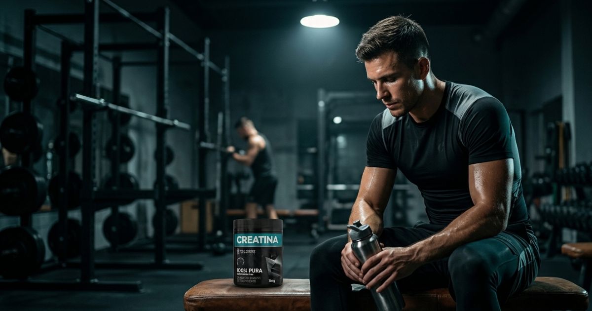 Atleta descansando em academia ao lado de creatina Soldiers e garrafa de água