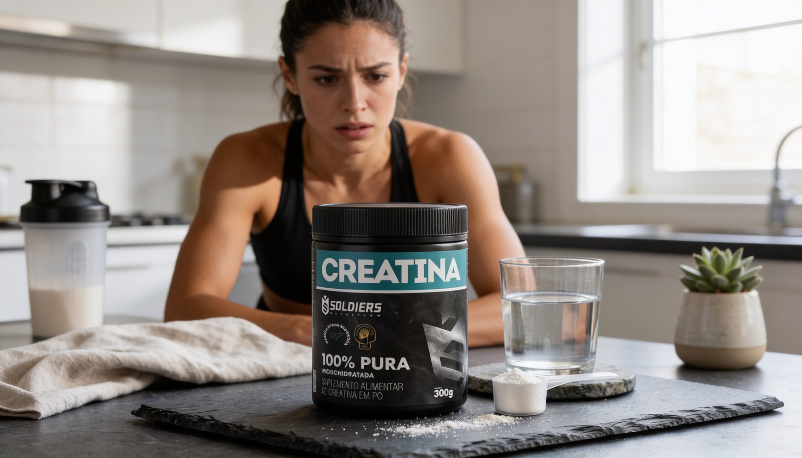 Creatina Soldiers Nutrition 300g posicionada com água e scoop enquanto mulher observa o produto com expressão de dúvida