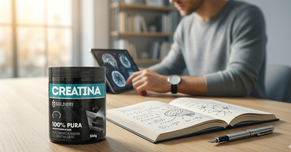 Creatina Soldiers 100% pura sobre mesa de estudo com livro aberto e tablet exibindo imagens do cérebro