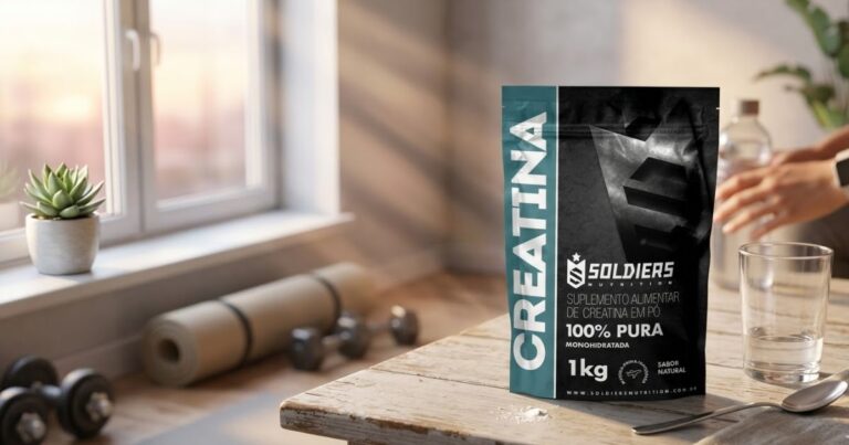 Creatina Soldiers 100% pura em embalagem de 1 kg sobre mesa com copo de água em ambiente de treino em casa