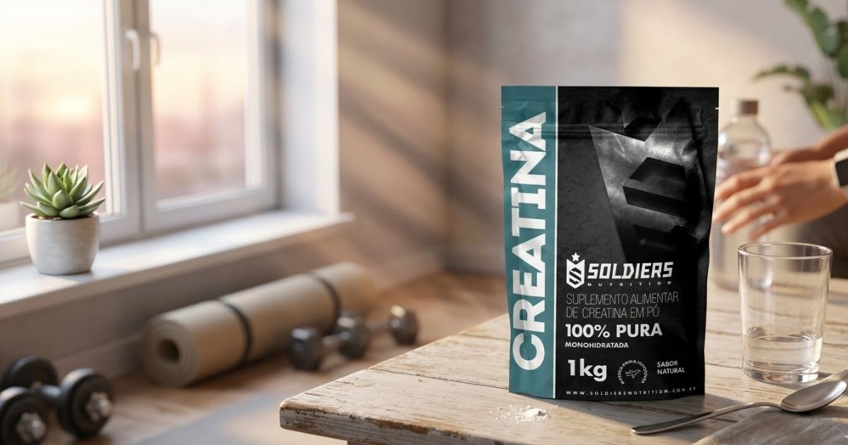 Creatina Soldiers 100% pura em embalagem de 1 kg sobre mesa com copo de água em ambiente de treino em casa