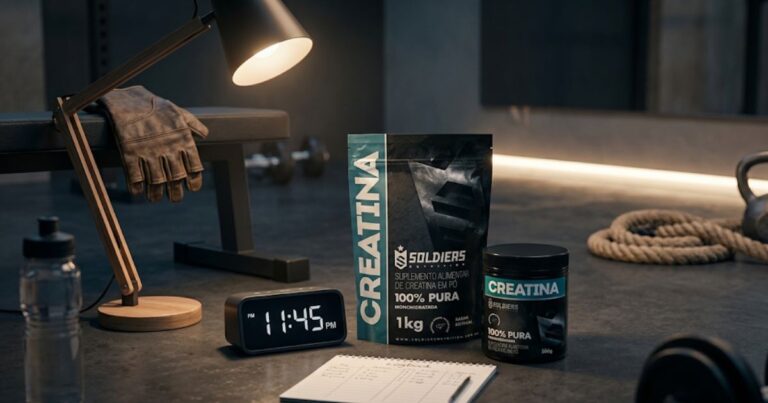 Creatina Soldiers 100% pura ao lado de relógio marcando 11:45 em ambiente de treino