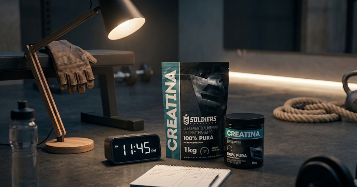 Creatina Soldiers 100% pura ao lado de relógio marcando 11:45 em ambiente de treino
