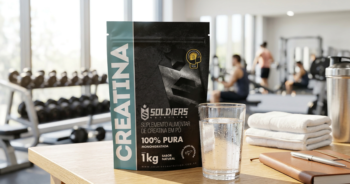 Creatina Soldiers Nutrition refil 1kg posicionada em academia com copo de água e ambiente de treino ao fundo