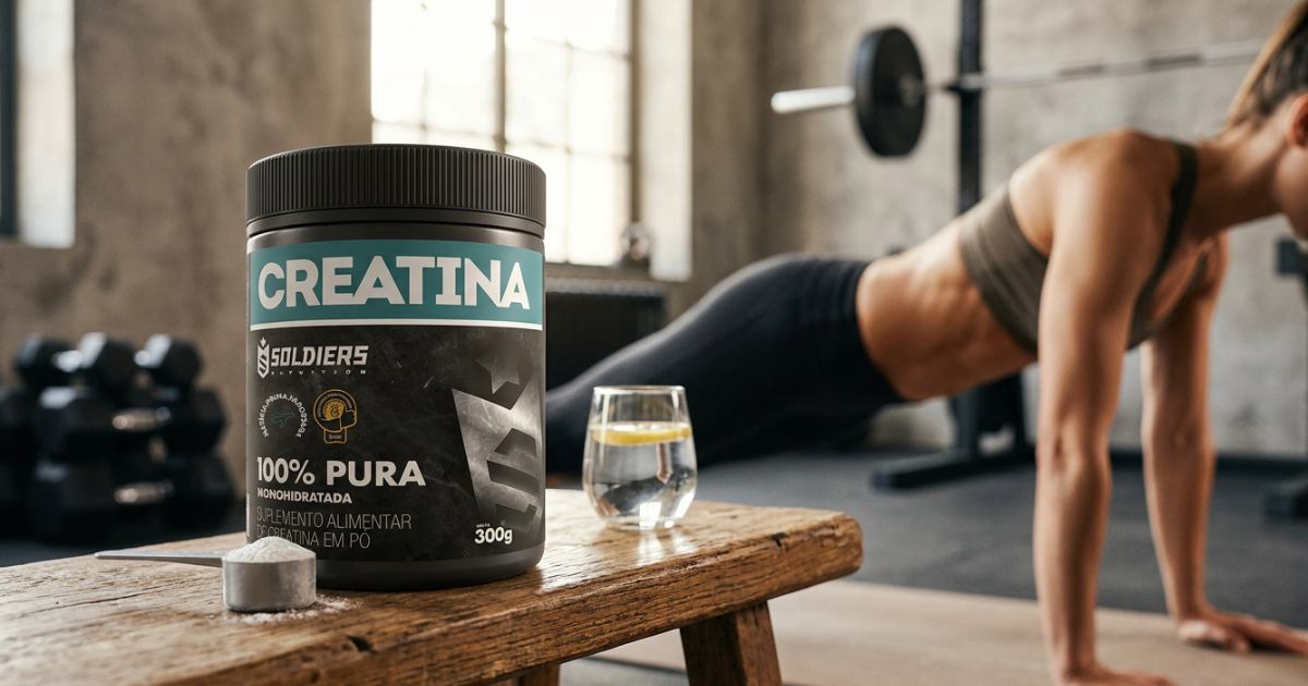 Creatina Soldiers Nutrition 300g posicionada em ambiente de treino funcional com mulher se exercitando ao fundo