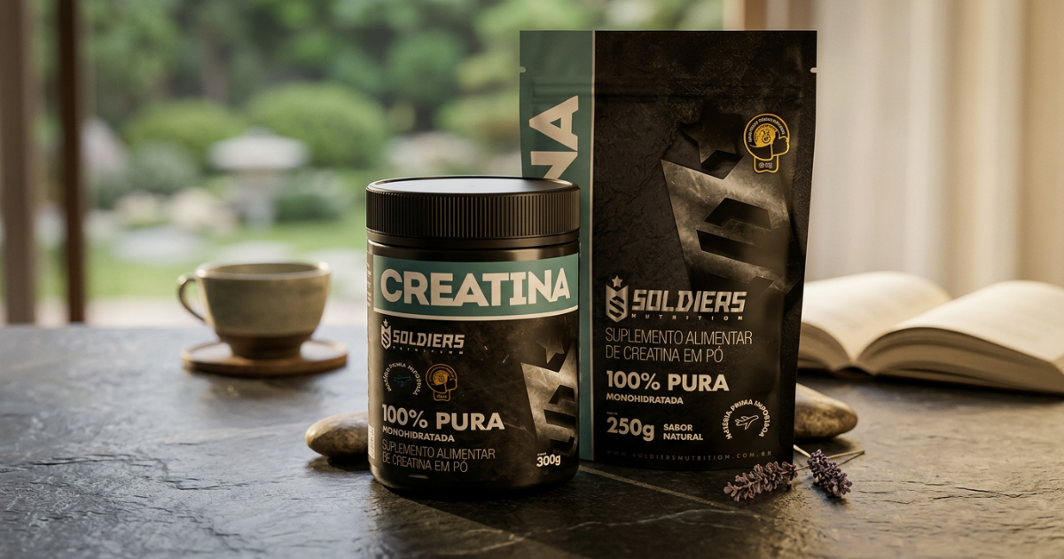 Creatina Soldiers Nutrition 300g e refil 250g posicionados em ambiente tranquilo com xícara e cenário de bem-estar