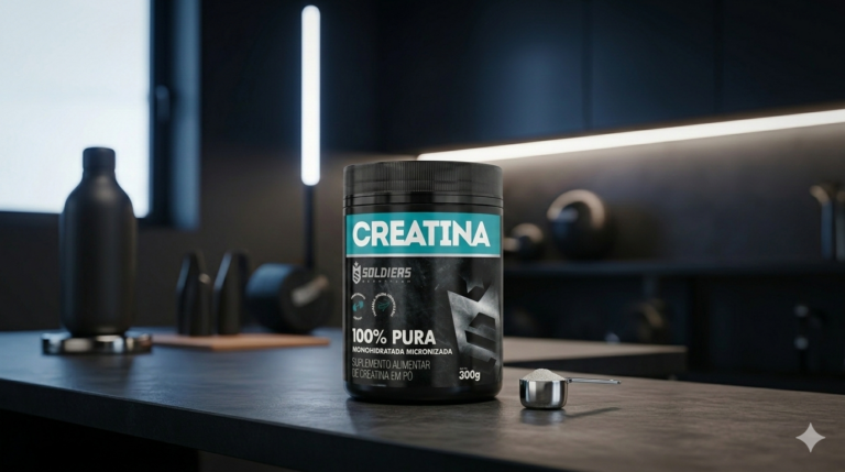 Embalagem preta de Creatina Soldiers Nutrition com uma colher de medida (scoop) ao lado, sobre uma bancada de cozinha moderna