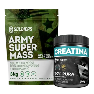 Kit: Hipercalórico Army Super Mass – 3Kg + Creatina Monohidratada Pote 300g – 100% Pura Importada – Soldiers Nutrition