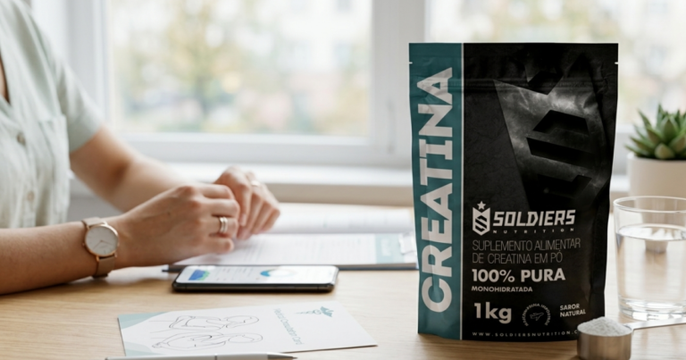 Creatina Soldiers 100% pura em embalagem de 1 kg sobre mesa ao lado de copo de água e scoop