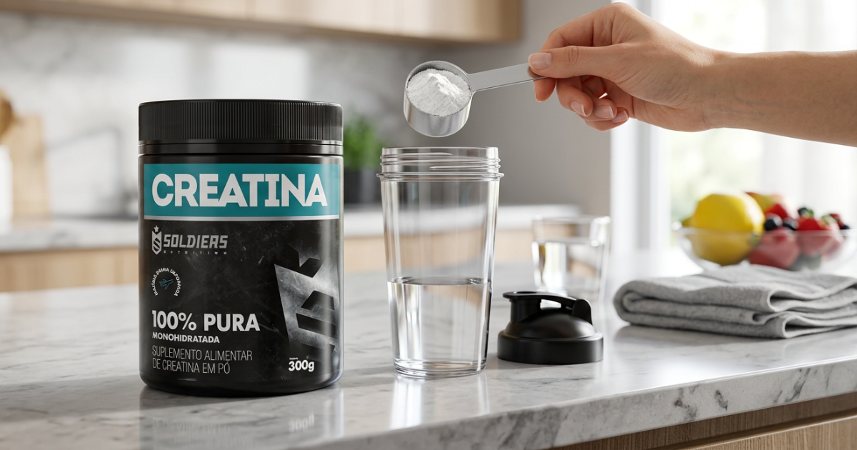 Creatina Soldiers sendo medida com scoop e preparada em copo com água