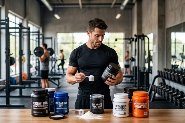 Um homem em ambiente de academia observa os rótulos de potes de creatina monohidratada para decidir qual a melhor creatina para seu treino.