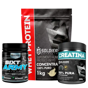 Kit: Whey Protein Concentrado 1kg+Creatina Monohidratada Pote 300g – 100% Pura+Pré-Treino Sixt Army Night 300g – Soldier