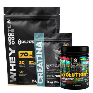 Kit Whey Core 900g + Pré-Treino Evoluition 300g + Creatina 150g